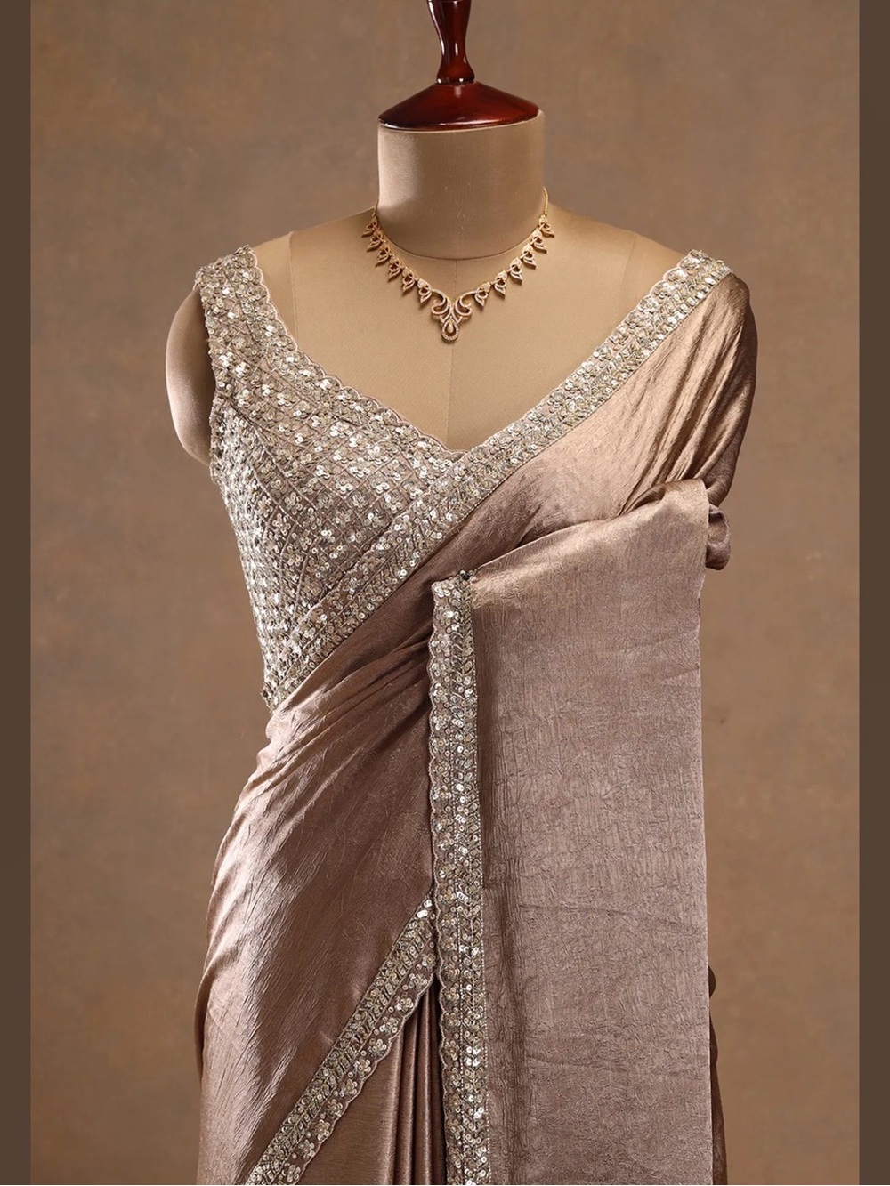 Elegant Beige Satin Saree with Silver Embellished Blouse - Picture 5 of 10
